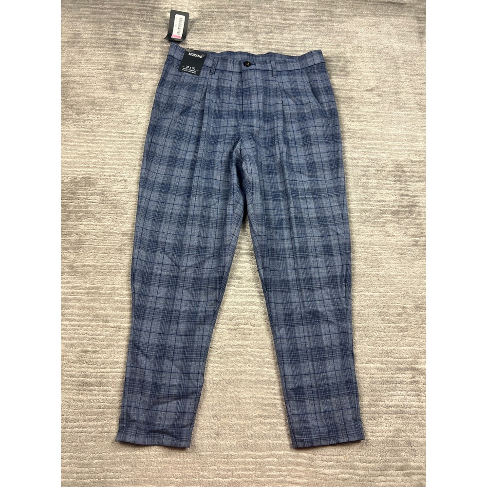 Murano Pants Mens 32x30 Blue Lucas Carrot Fit Plaid Pleated Stretch Waistband